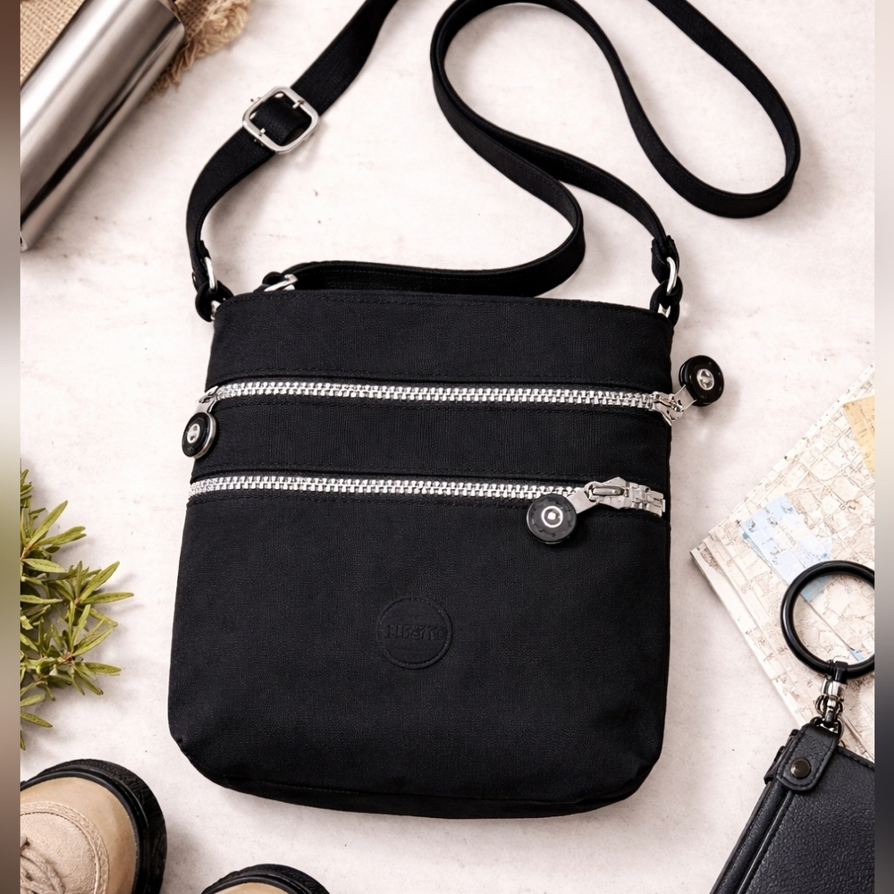 Kipling Black Nylon Crossbody Bag Multi Zip Lightweight Travel Everyday Purse